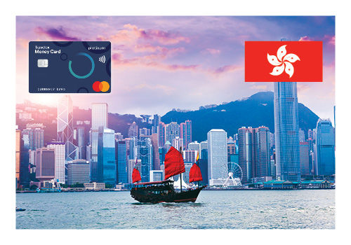 Image of a typical chines ship in front of the Hong Kong skyline with a Travelex logo and Hong Kong flag in the top corners