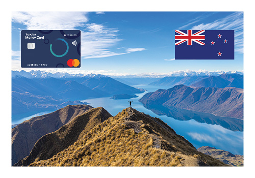 Image of the Fox glacier in NZ with a Travelex logo and the New Zealand flag in the top corners