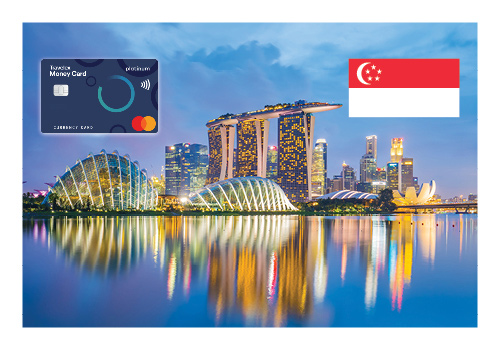 Image of the Singapore skyline with a Travelex logo and Singapore flag in the top corners