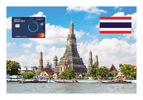 Image of Thai boat on famous seashores with a Travelex logo and Thai flag in the top corners