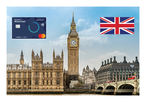 Image of Big Ben and UK parliament building with a Travelex logo and UK flag in the top corners