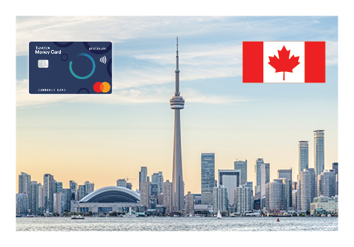 Image of the Toronto skyline with a Travelex logo and Canadian flag in the top corners