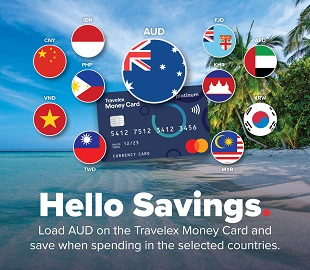 image of the award winning Travelex Money Card with various currency flags around it and a beach as background