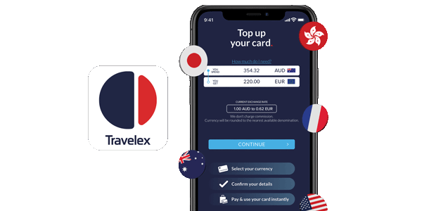 Photo of phone showing the Travelex Money App and the app store icon