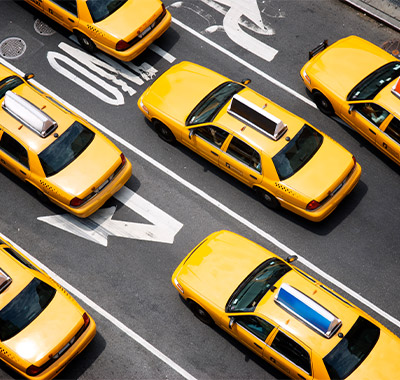 typical New York yellow taxis in the street