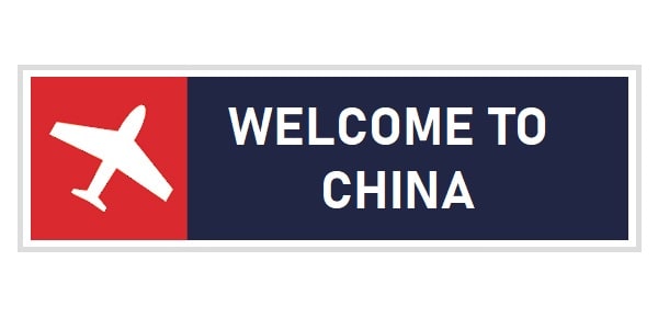 sign with an airplane symbol and the words welcome to China